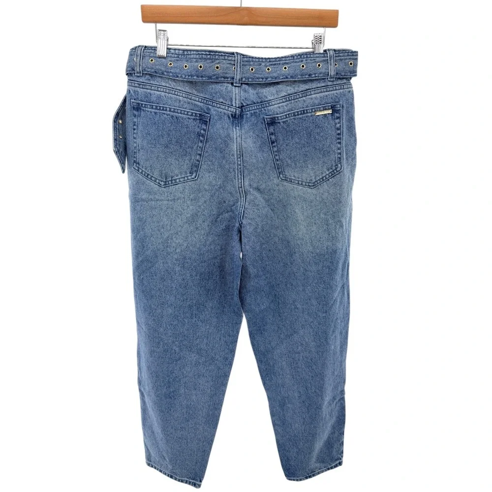 NWT Michael Kors Pleated Belted Denim Pants Vintage Wash High Rise Tapered Sz 12